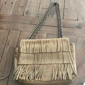 TORY BURCH Tan Suede Fringe Chain Strap Convertible Shoulder Bag
